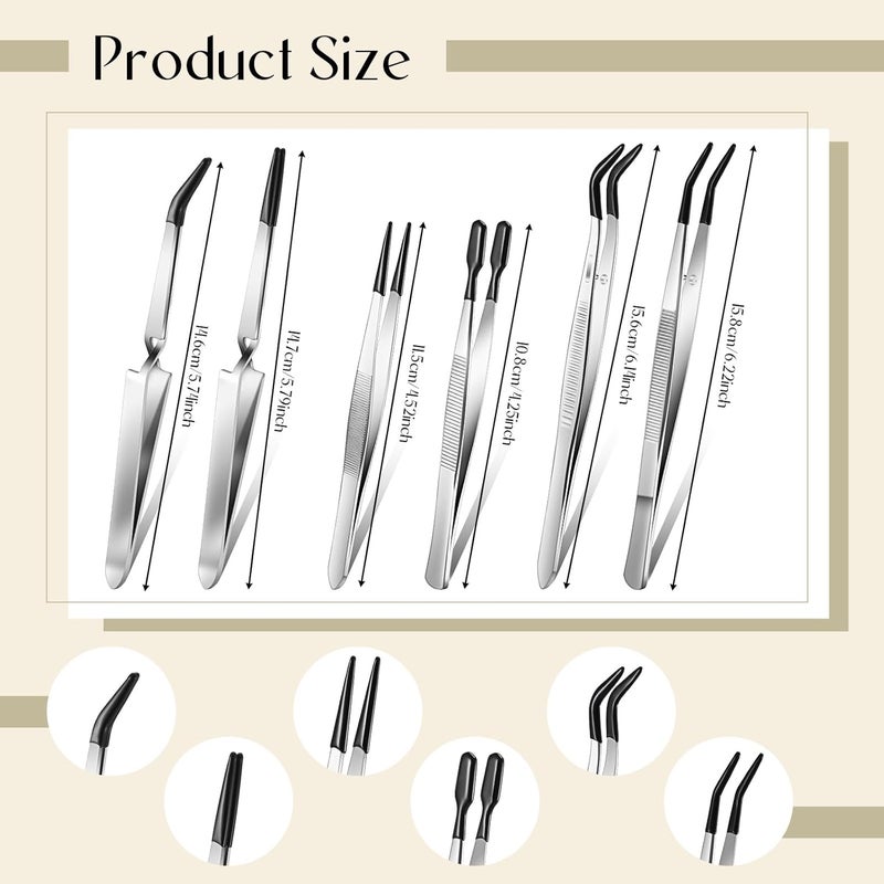 Jingmore 6 Pieces Tweezers with Rubber Tips Rubber Tipped Tweezer Cross Lock PVC Coated Tweezers Craft Jewelry Anti Scratch Long for Crafting Beads Jewelry Stamps Succulents Pet(Black) - Image 2